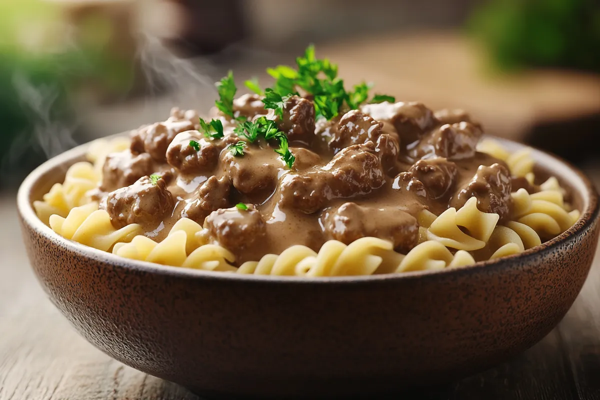 A bowl of creamy Hamburger Helper Beef Stroganoff garnished with parsley.
