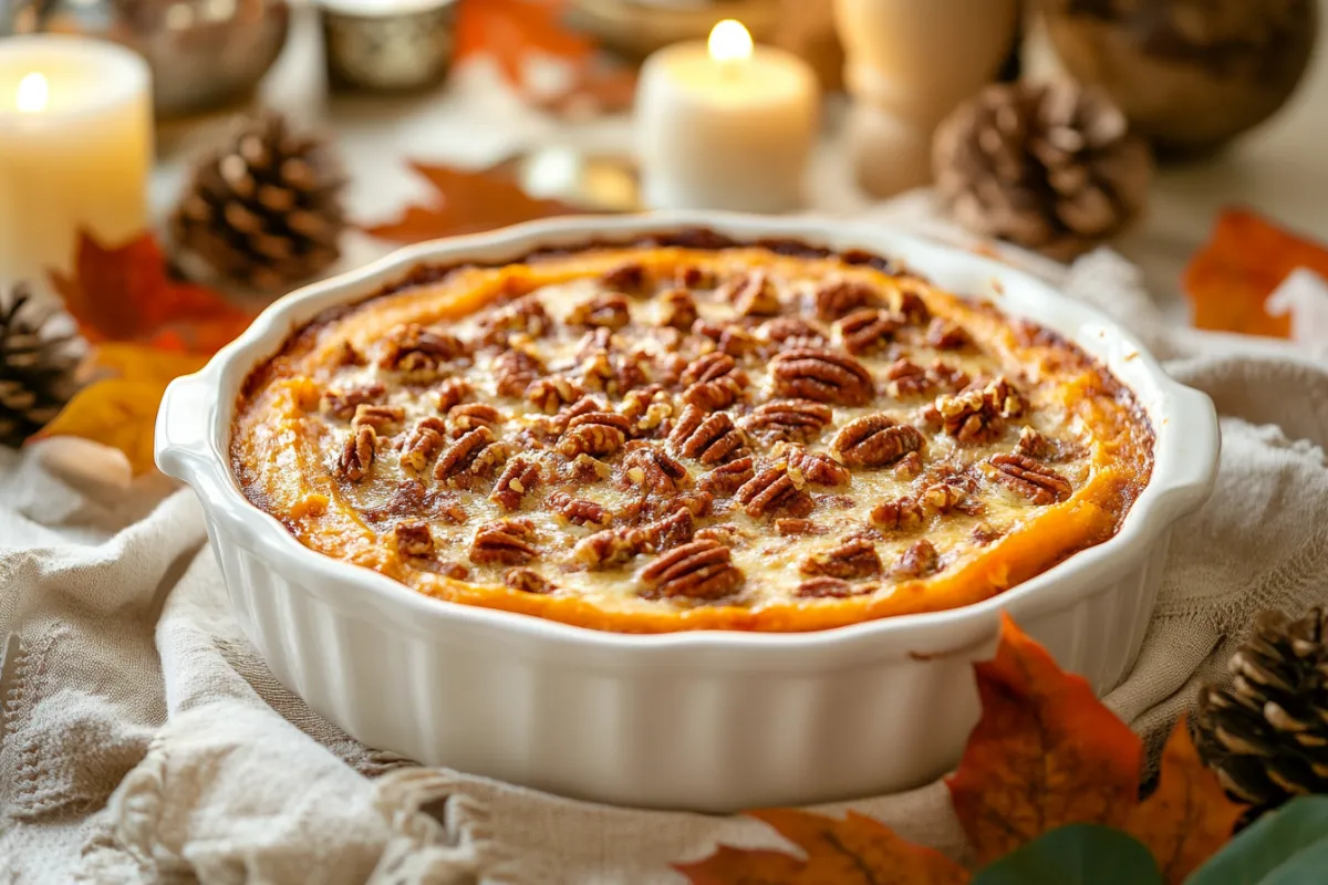 Ruth Chris sweet potato casserole on holiday table