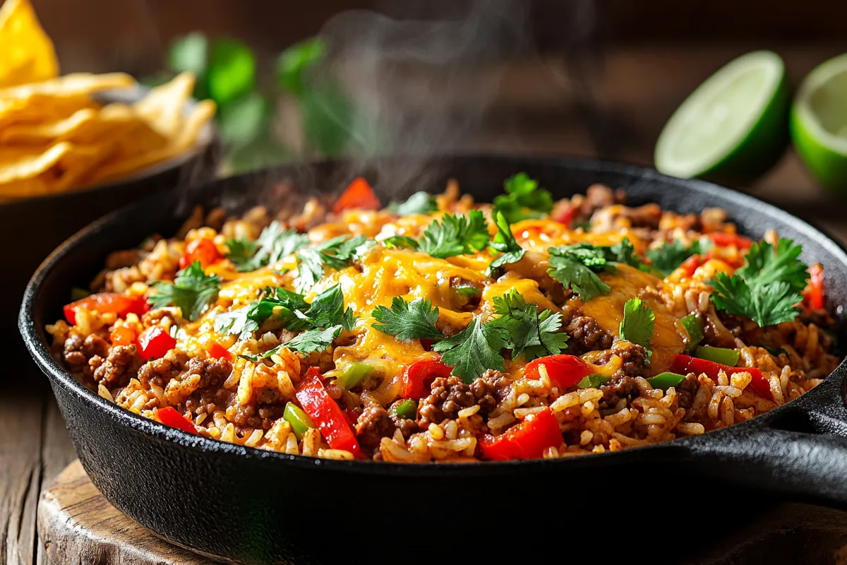 Mexican beef and rice skillet in a cast-iron pan