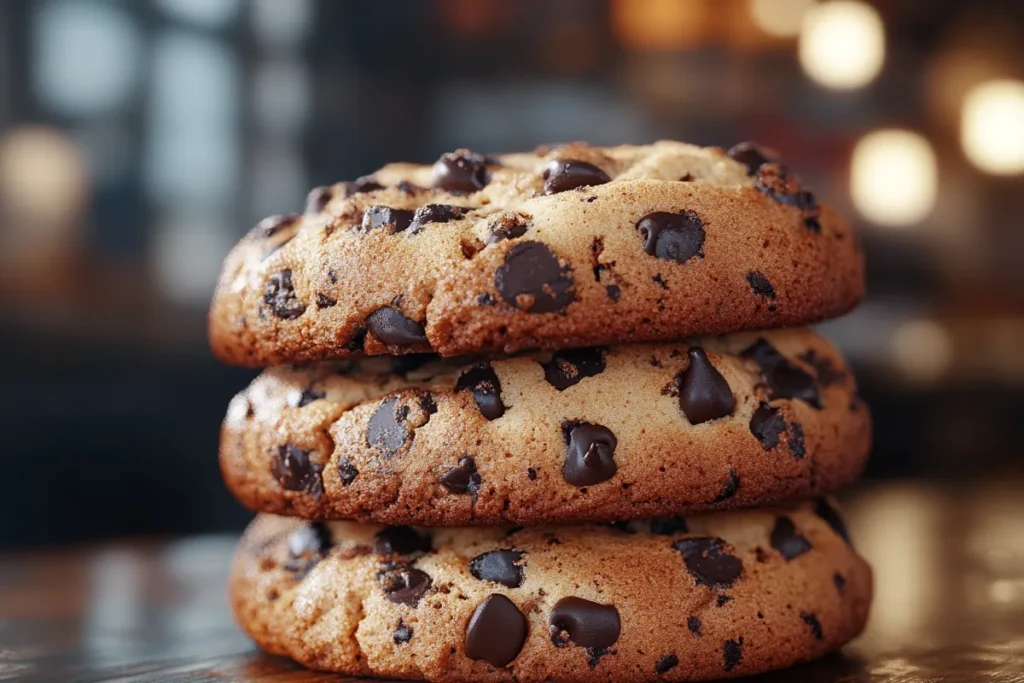 Stack of homemade crumbl cookie recipe with chocolate chips